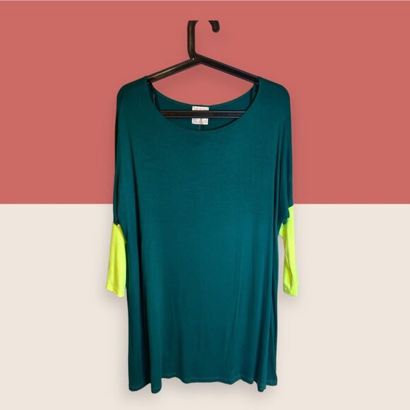 🥎 NWT NYMPHE TEAL NEON YELLOW CONTRAST 3/4 DROP SHOULDER SLEEVES TUNIC MEDIUM - Picture 3 of 6